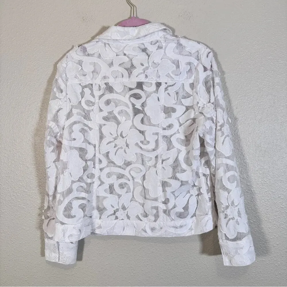 Coldwater Creek White Lace Sheer Full Zip Jacket Womens 12P Boho Coquette Girly